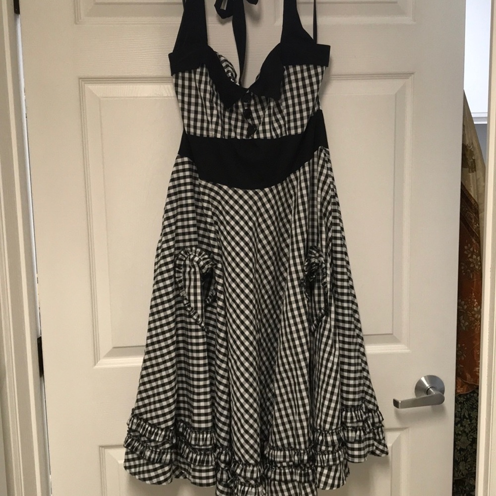 Black and white checkered halter dress